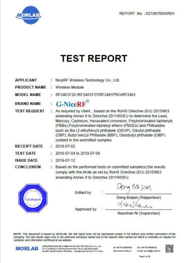 Das 2,4-GHz-HF-Modul der RF2401-Serie hat die RoHS-Zertifizierung bestanden