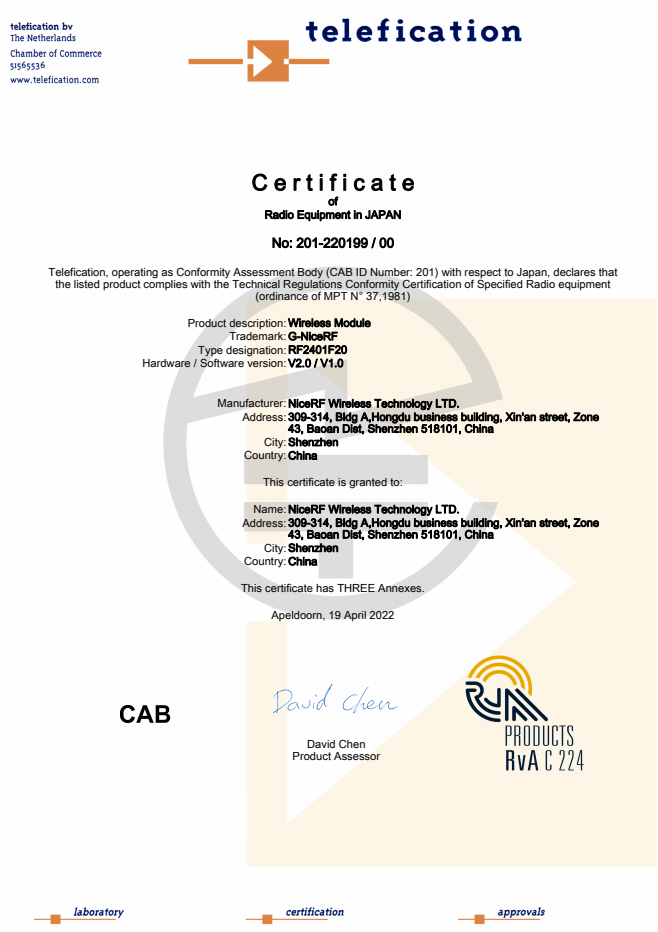 Das 2,4-GHz-HF-Modul RF2401F20 besteht die TELEC-Zertifizierung