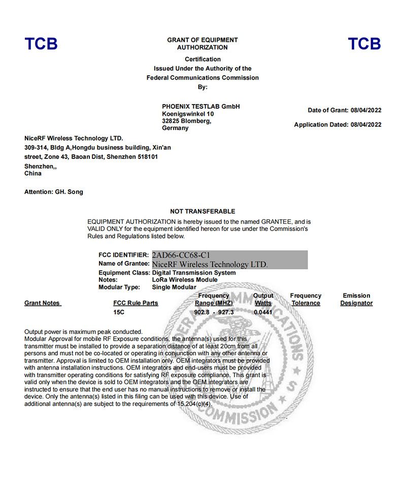 NiceRF hat das FCC-ID-Zertifikat seines neuen LLCC68 LoRa-Moduls CC68-C1 erhalten.