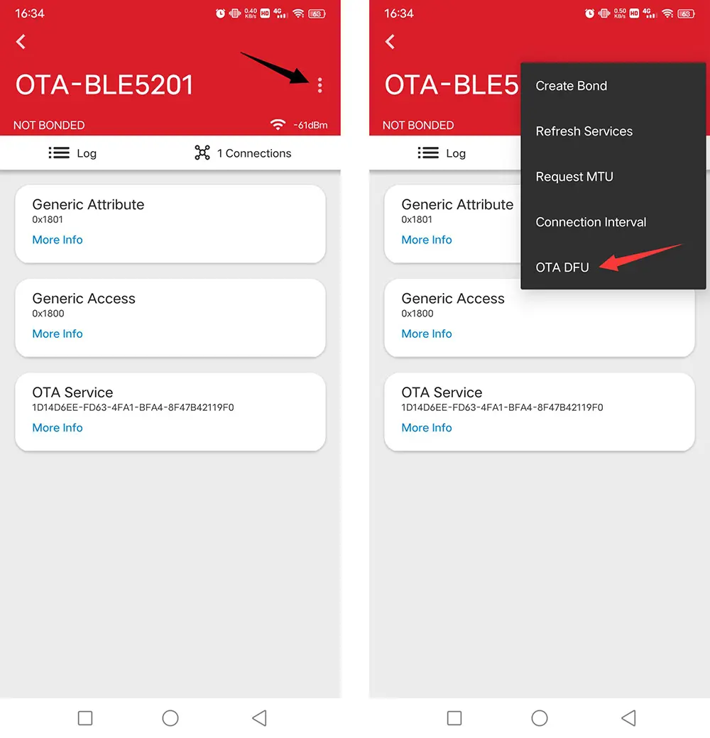点击右上角菜单, 点击OTA-DFU选项