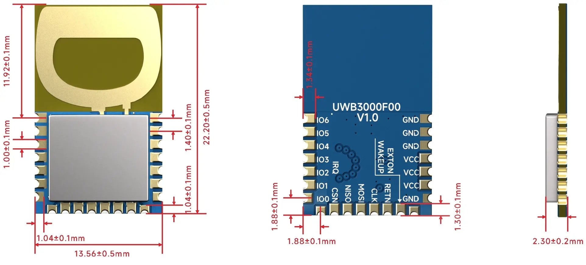 Die Größe des UWB-Moduls UWB3000F00