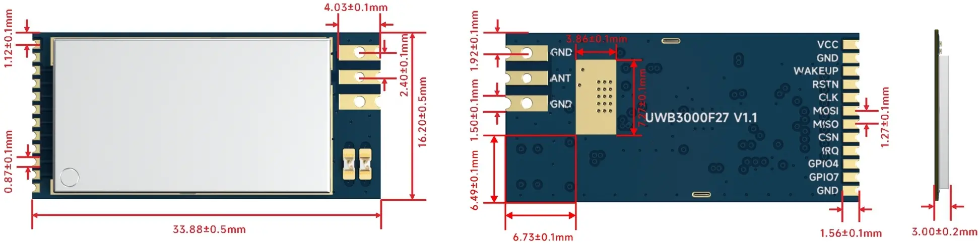 Mechanische Abmessungen des leistungsstarken 500-mW-UWB-Frontendmoduls UWB3000F27 Mechanische Abmessungen des leistungsstarken 500-mW-UWB-Frontendmoduls UWB3000F27