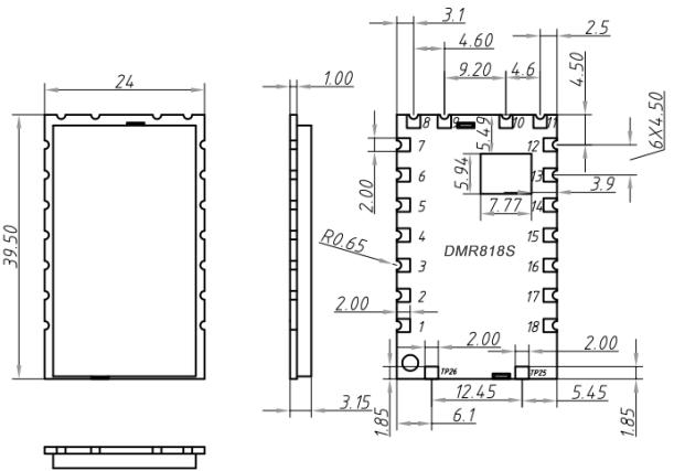 Mechanische Abmessungen des DMR-Walkie-Talkie-Moduls DMR818S-U.