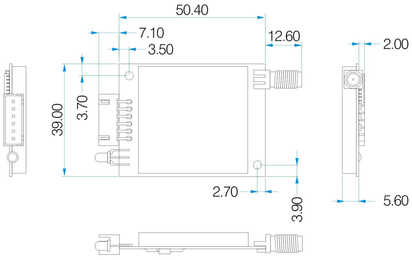 Mechanische Abmessungen des Funkmoduls LoRa6100Pro