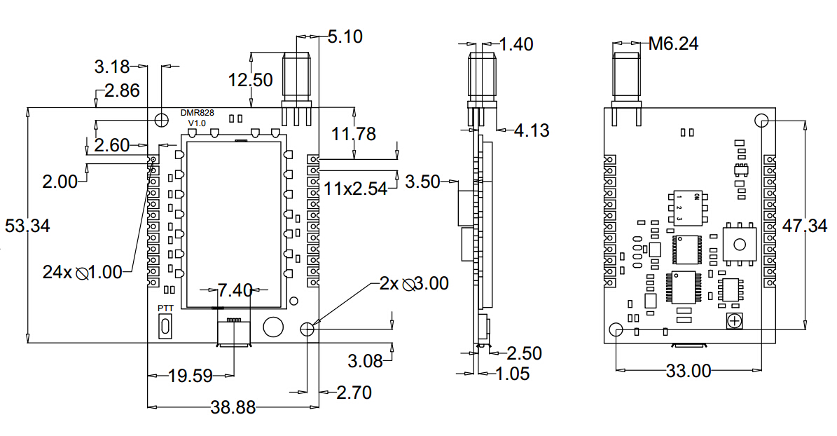 Mechanische Abmessungen des Funkmoduls DMR828S.