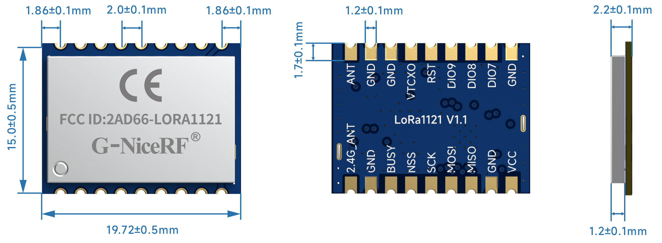 Die Größe des Lora-Moduls lora1121 Die Größe des Lora-Moduls lora1121