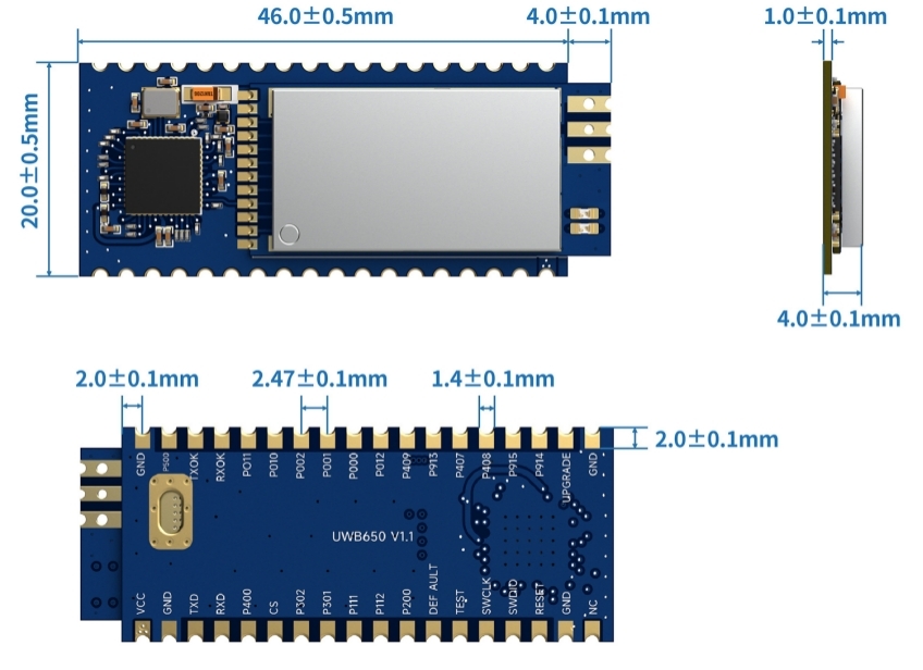 Mechanische Abmessungen des UWB650-Moduls