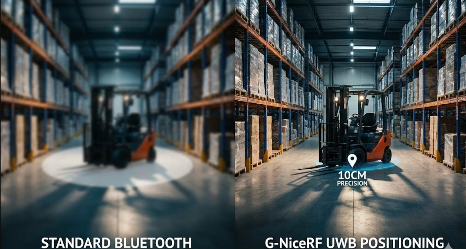 Split-Screen-Ansicht zum Vergleich von ungenauer Bluetooth- und präziser G-NiceRF UWB-Ortung.